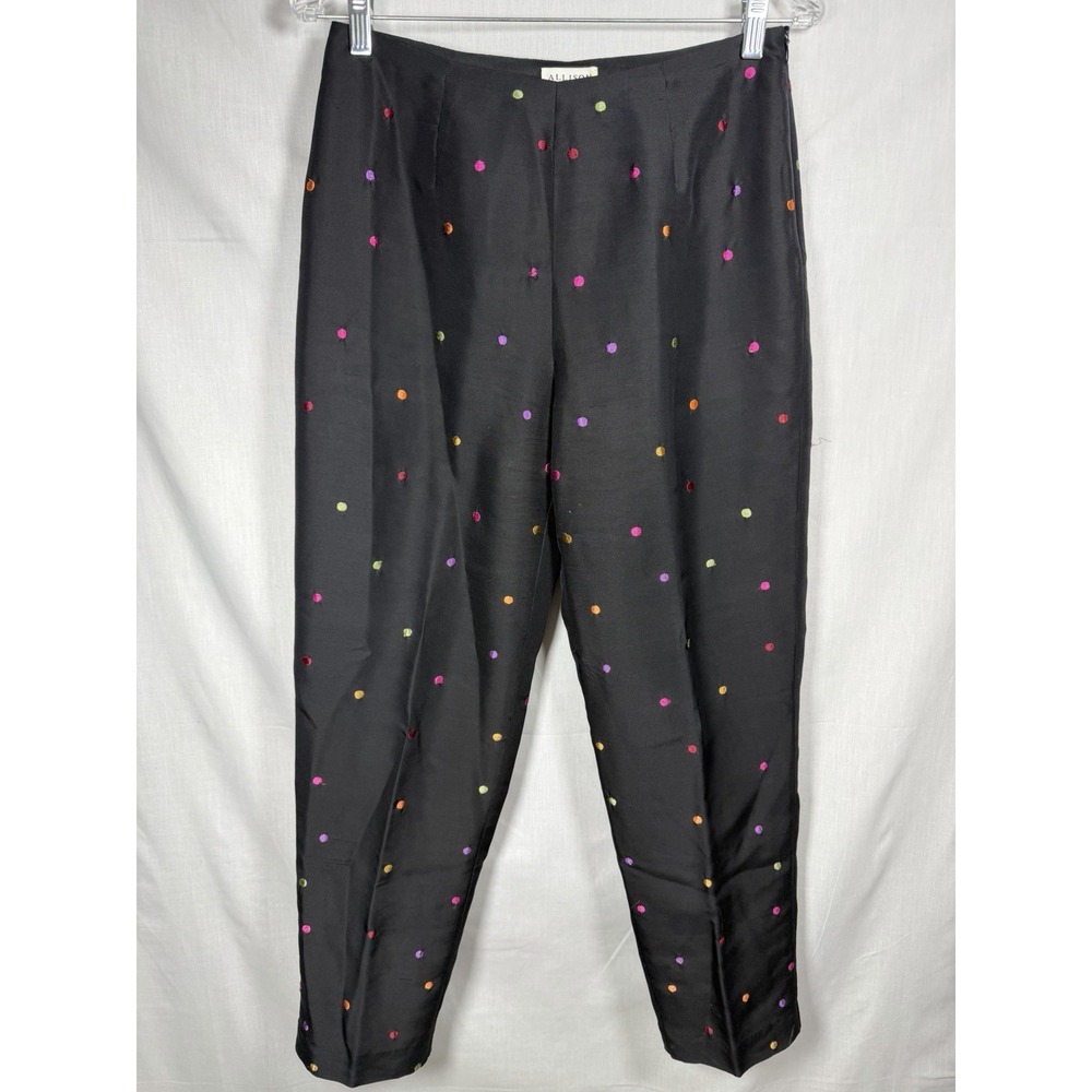 Allison Taylor Womens 6 Black Silk Embroidered Polka Dot Pants Lined Boho‎ 00's